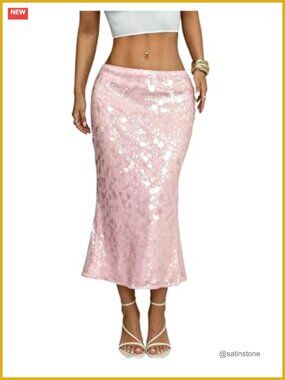 Sequin Sparkly Low Rise Fishtail Midi Skirt Party Cocktail